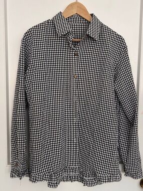 Black and White Gingham Button-Up Shirt with Ruffle Hem and Sleeves SizeM